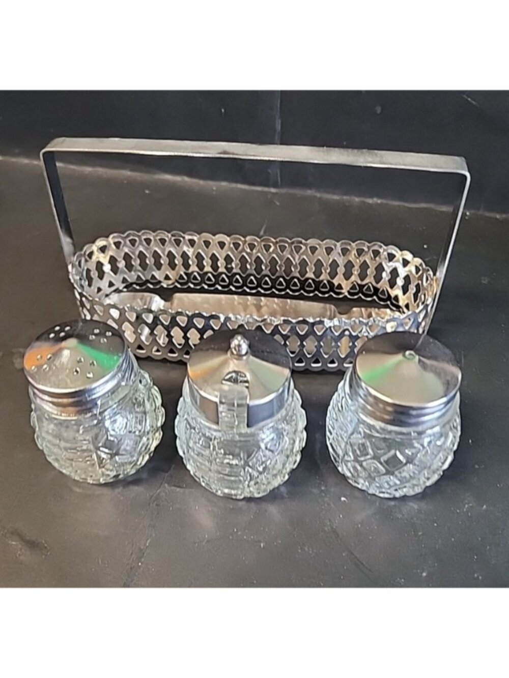 Vintage MCM Serving Set Salt, Pepper Shakers Sugar Jam Pot, Spoon & Tray